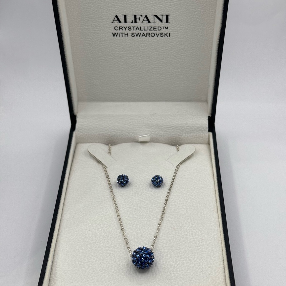Alfani Blue Swarovski and Silver Necklace with Matching Earrings. New in box